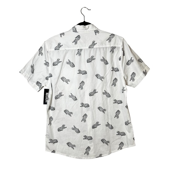 NWT JACKSON White And Black Cheetah Leopard Graphic Men's Poplin Button Up Sz L - Picture 2 of 15